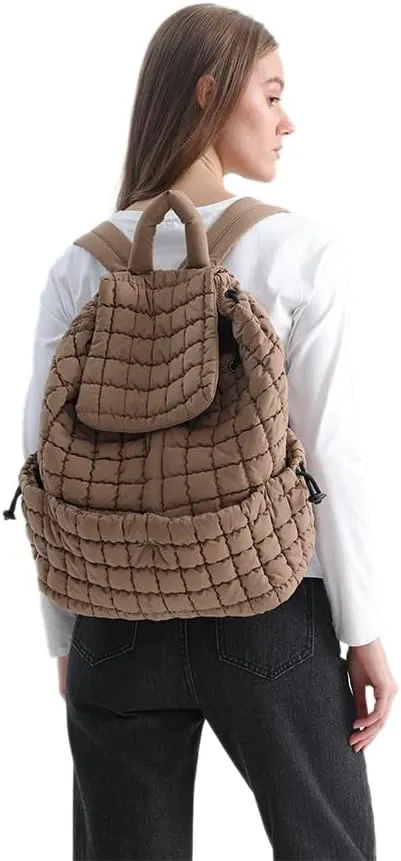 VAKAER Puffer Backpack for Women Lightweight Quilted Hiker Pack with Drawstring Padding Backpacks for Travel Gym (Khaki)