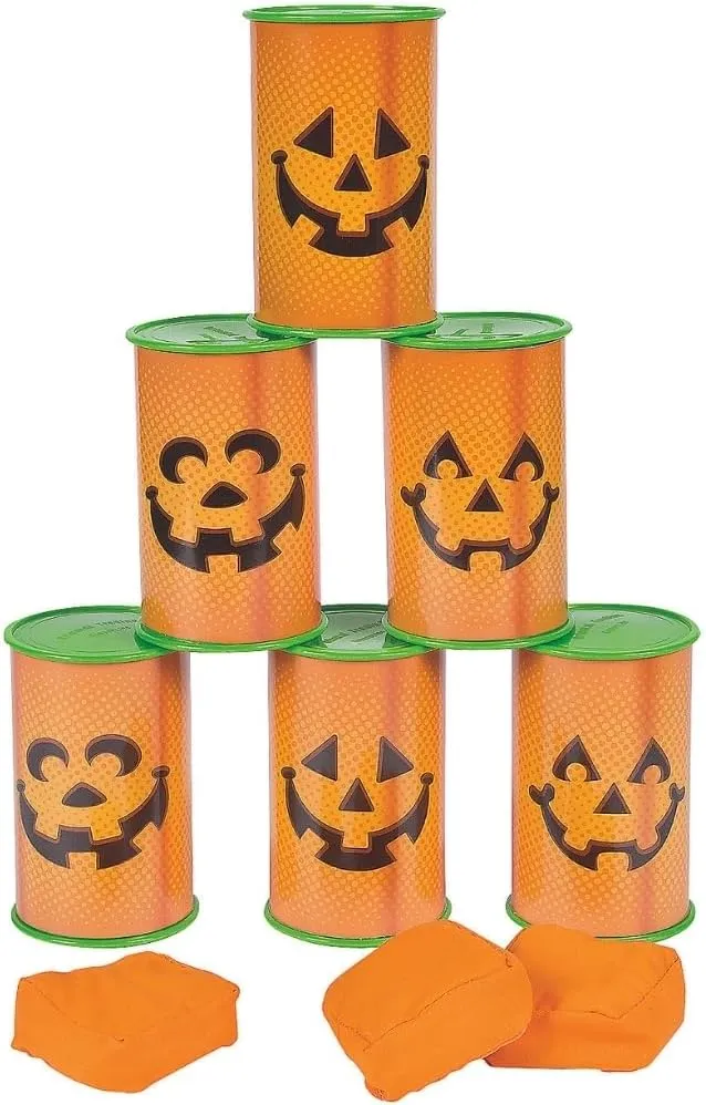 Vibrant Orange Jack-O’-Lantern Plastic Can Toss Game with Bean Bags - 5" x 3" (Set of 9) - Perfect for Halloween Parties, School Carnivals, and Family Fun Activities