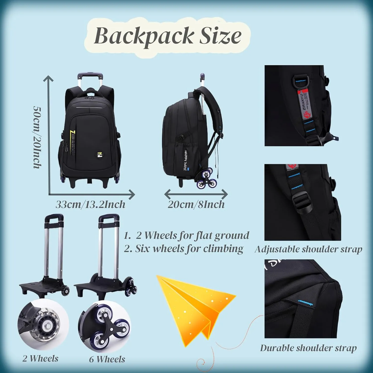 VIDOSCLA Black Kids Boys Rolling Backpack Teens Luggage with Wheels Trolly BookBag for School Black Yellow-6 Wheels