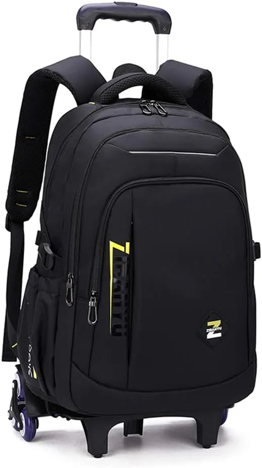 VIDOSCLA Black Kids Boys Rolling Backpack Teens Luggage with Wheels Trolly BookBag for School Black Yellow-6 Wheels