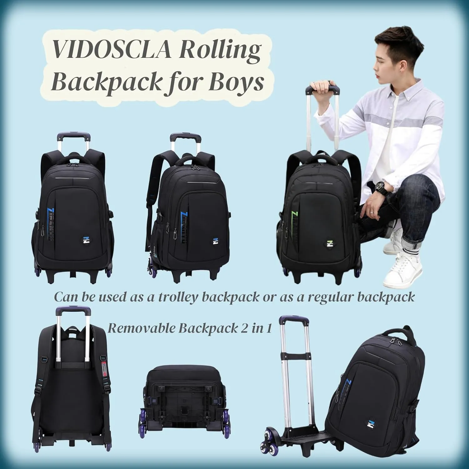 VIDOSCLA Black Kids Boys Rolling Backpack Teens Luggage with Wheels Trolly BookBag for School Black Yellow-6 Wheels