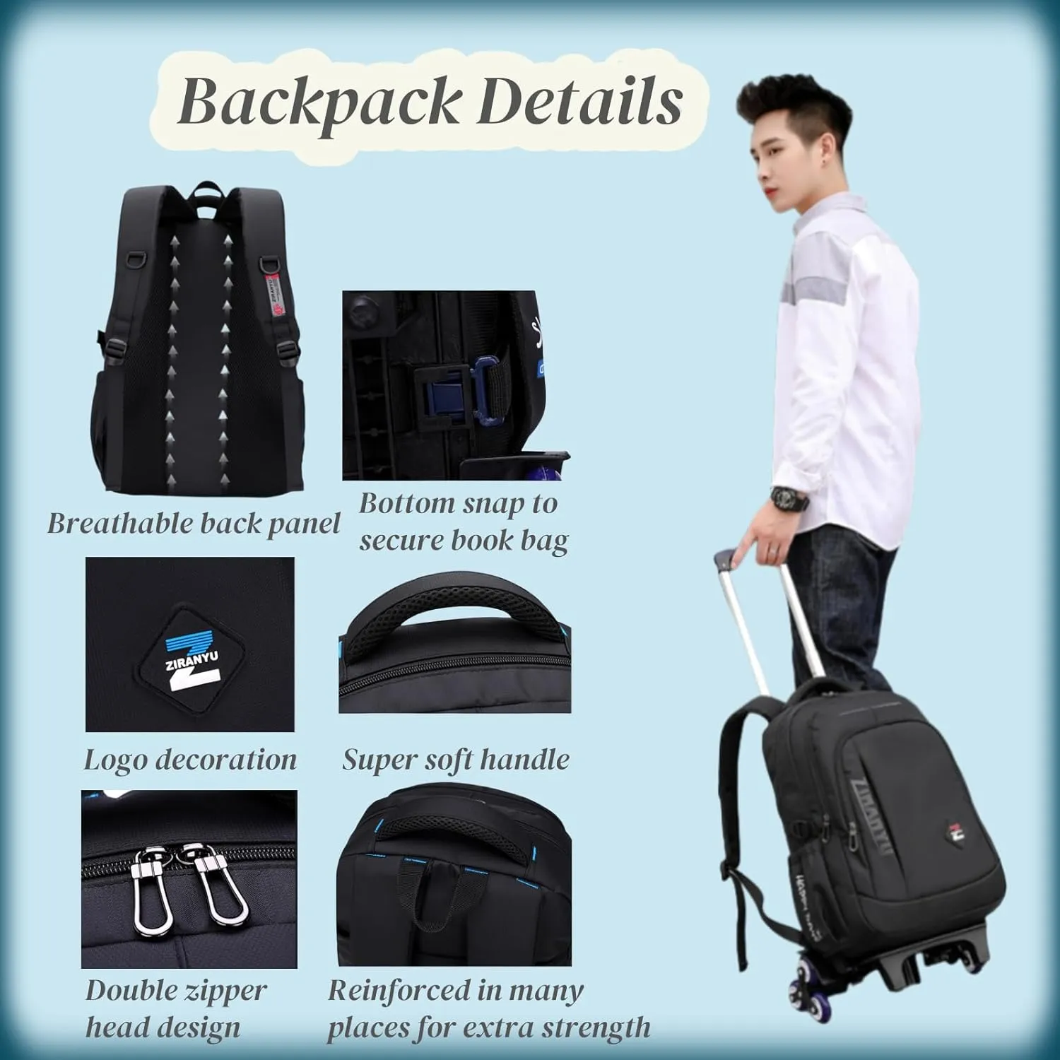 VIDOSCLA Black Kids Boys Rolling Backpack Teens Luggage with Wheels Trolly BookBag for School Black Yellow-6 Wheels