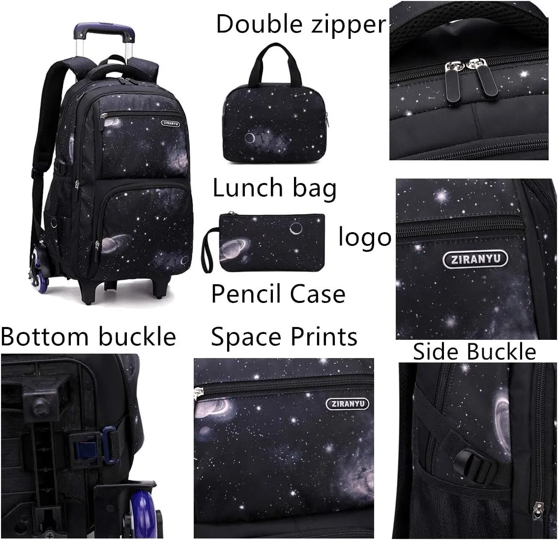 VIDOSCLA Elementary Galaxy Teens Rolling Backpack Kids Boys Luggage with Wheels Trolly BookBag for School-6 Wheels