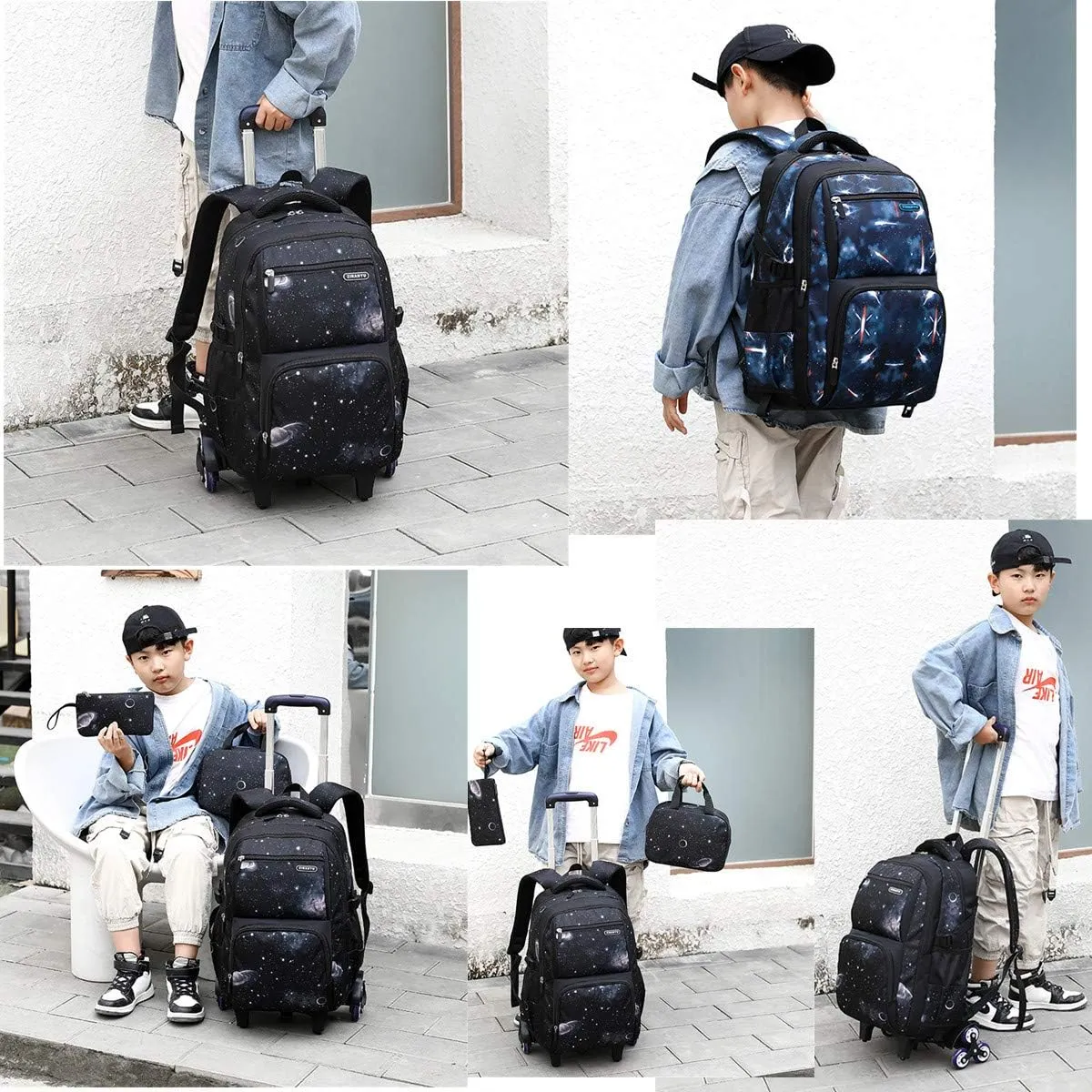 VIDOSCLA Elementary Galaxy Teens Rolling Backpack Kids Boys Luggage with Wheels Trolly BookBag for School-6 Wheels
