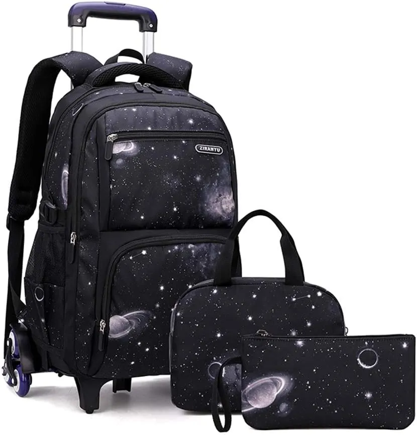 VIDOSCLA Elementary Galaxy Teens Rolling Backpack Kids Boys Luggage with Wheels Trolly BookBag for School-6 Wheels