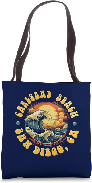 Vintage CARLSBAD BEACH Waves Sunset design. Tote Bag