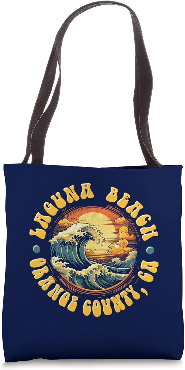 Vintage LAGUNA BEACH Waves Sunset design. Tote Bag