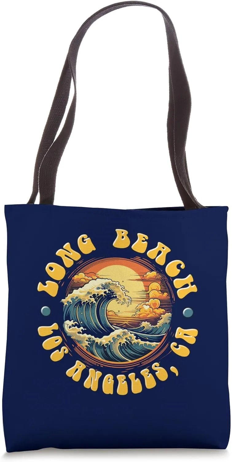 Vintage LONG BEACH Waves Sunset design. Tote Bag