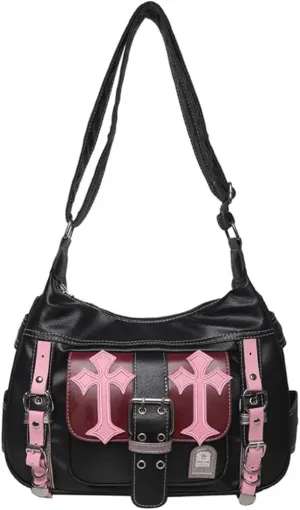 Vintage Messenger Bag Y2k Cross Decor Bag Gothic Emo Leather Tote Bag Crossbody Bag Lolita Shoulder Bag for Women
