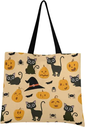 visesunny Women Extra Large Tote Bag Cute Spooky Orange Pumpkin Black Cat Bat Witch Hat Spider Shoulder Bags Ladies Beach Travel Reusable Grocery Shopping Portable Storage Handbag