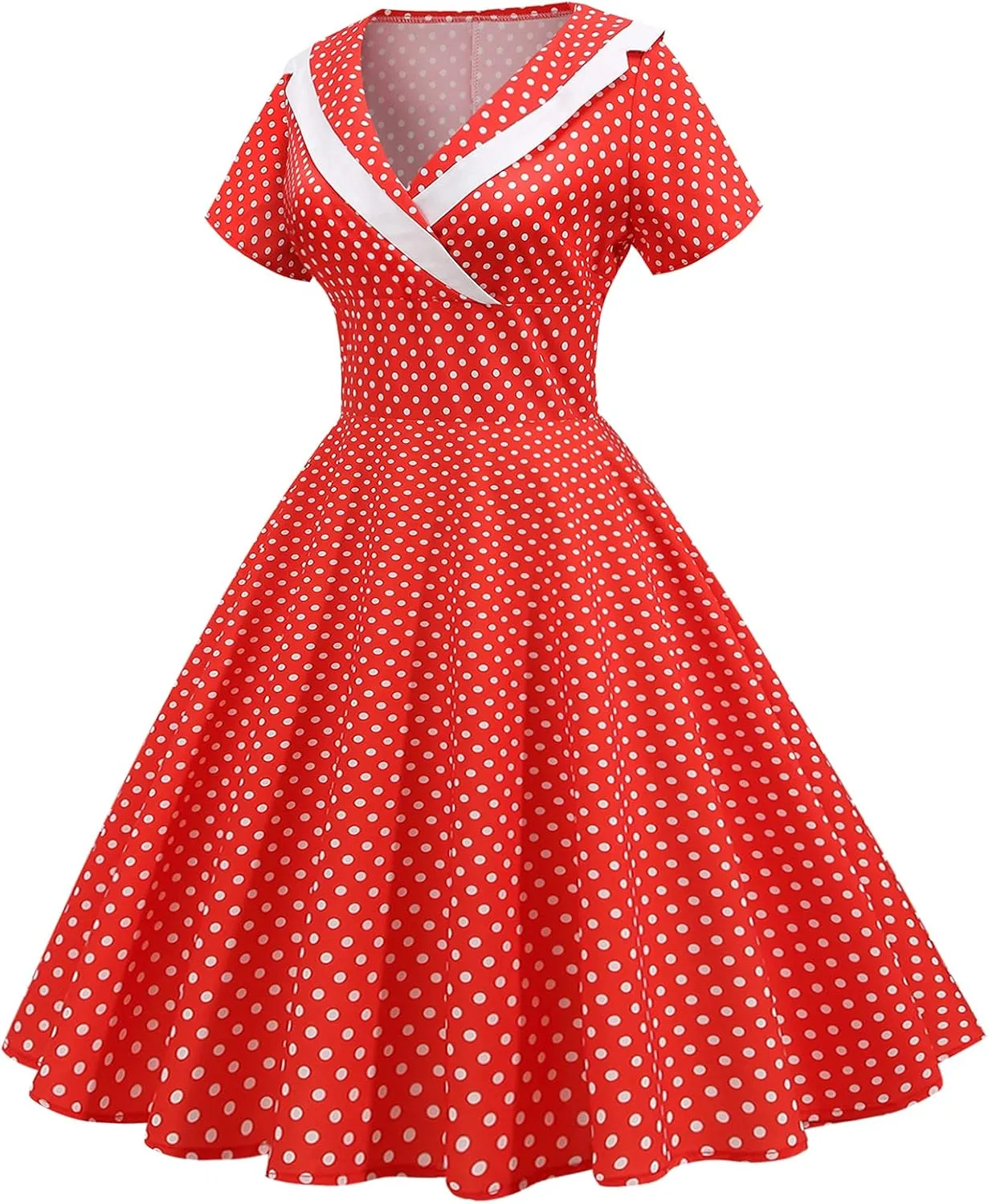 Women Notch Lapel 50s 60s Vintage Short Sleeve V-Neck Cocktail Swing Dress Polka Dot 1950s Rockabilly Prom Party Midi Dress