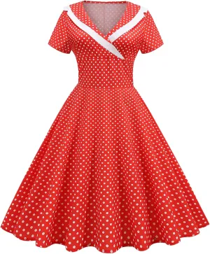 Women Notch Lapel 50s 60s Vintage Short Sleeve V-Neck Cocktail Swing Dress Polka Dot 1950s Rockabilly Prom Party Midi Dress