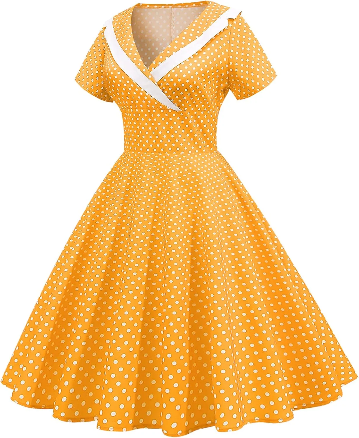 Women Notch Lapel 50s 60s Vintage Short Sleeve V-Neck Cocktail Swing Dress Polka Dot 1950s Rockabilly Prom Party Midi Dress