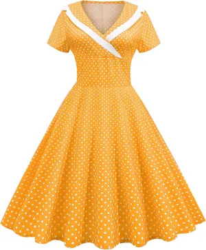 Women Notch Lapel 50s 60s Vintage Short Sleeve V-Neck Cocktail Swing Dress Polka Dot 1950s Rockabilly Prom Party Midi Dress