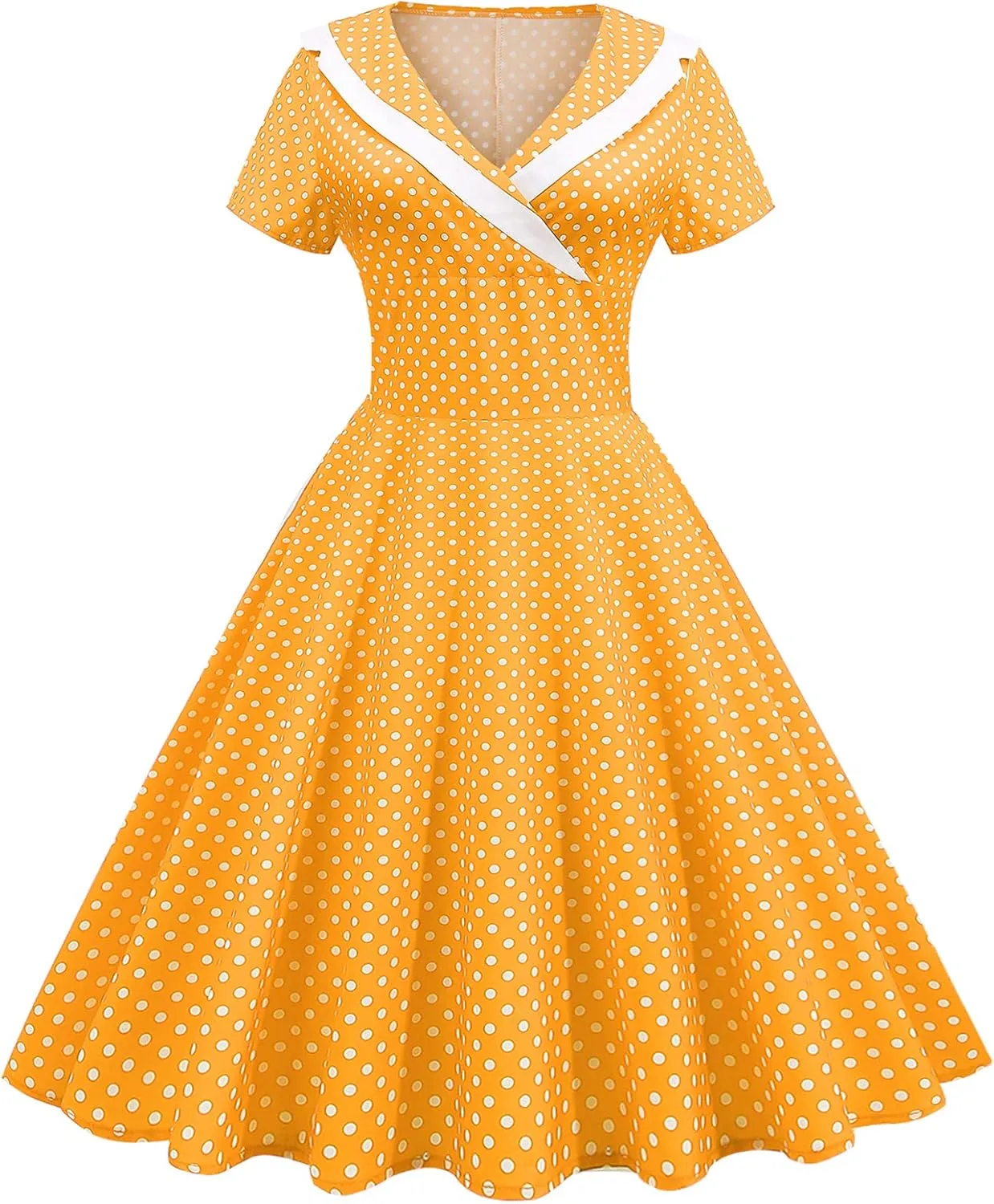 Women Notch Lapel 50s 60s Vintage Short Sleeve V-Neck Cocktail Swing Dress Polka Dot 1950s Rockabilly Prom Party Midi Dress