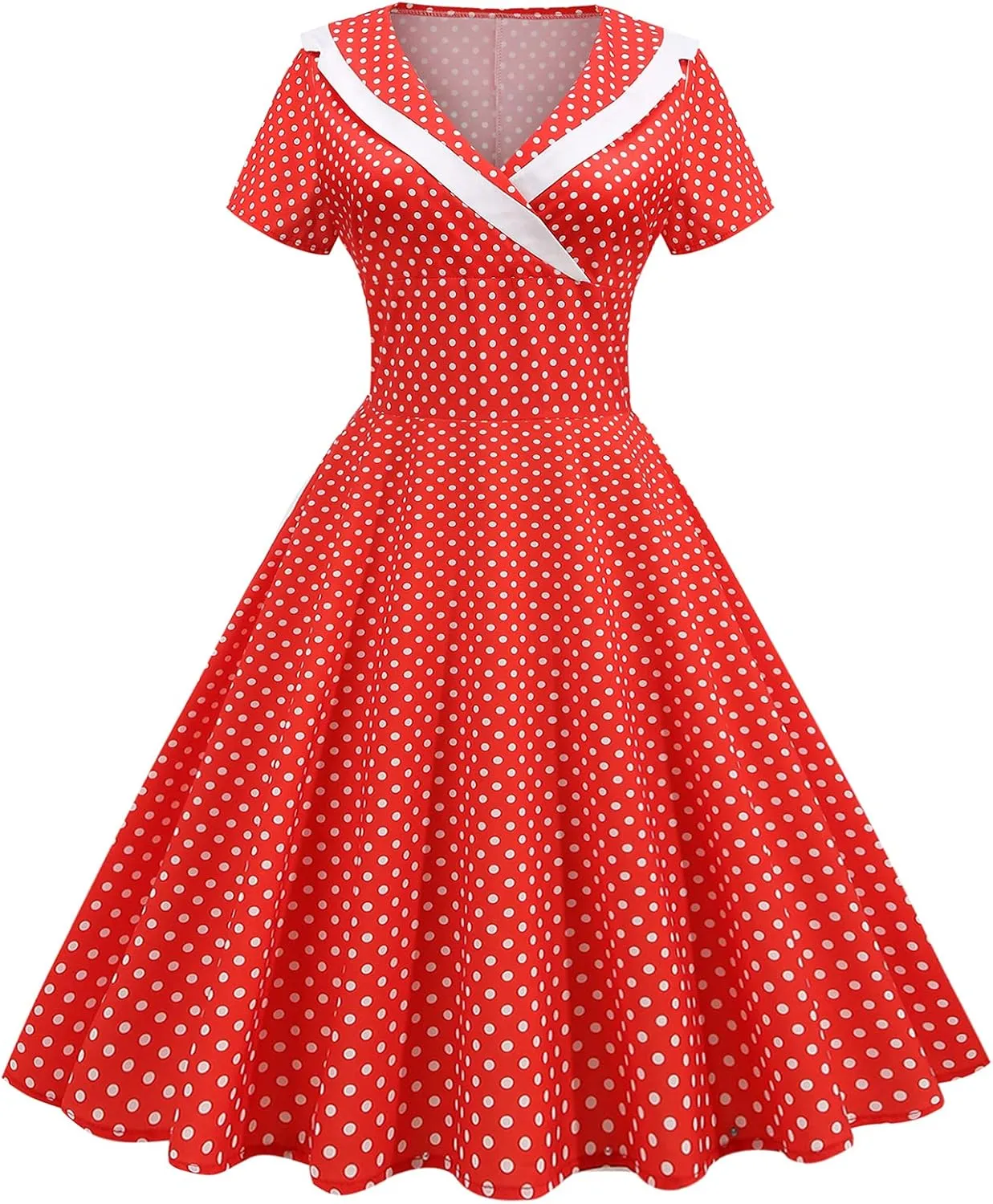 Women Notch Lapel 50s 60s Vintage Short Sleeve V-Neck Cocktail Swing Dress Polka Dot 1950s Rockabilly Prom Party Midi Dress