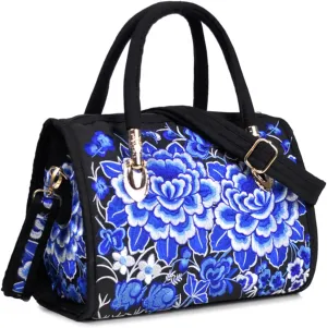 Women's Canvas Top Handle Satchel Bag Flower Embroidery Crossbody Retro Boston Shoulder Bag Ethnic Handbag and Purse，bag509OWOISS