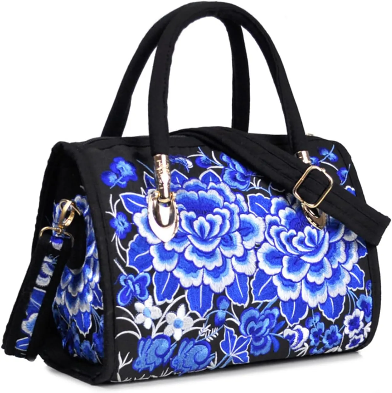 Women's Canvas Top Handle Satchel Bag Flower Embroidery Crossbody Retro Boston Shoulder Bag Ethnic Handbag and Purse，bag509OWOISS