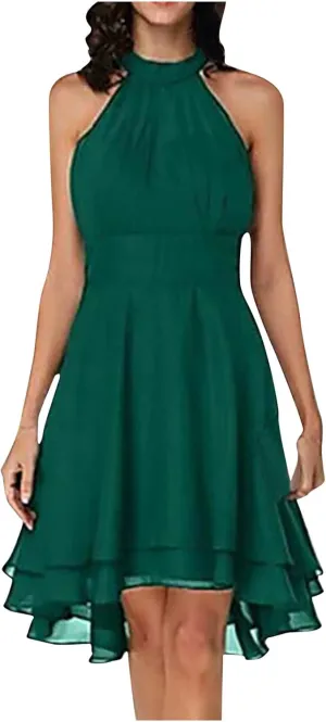 Women's Midi Skirts Elegant Ruffle Sleeveless Chiffon Dresses Irregular Cut A-Line Double Layer Business Guest Dress