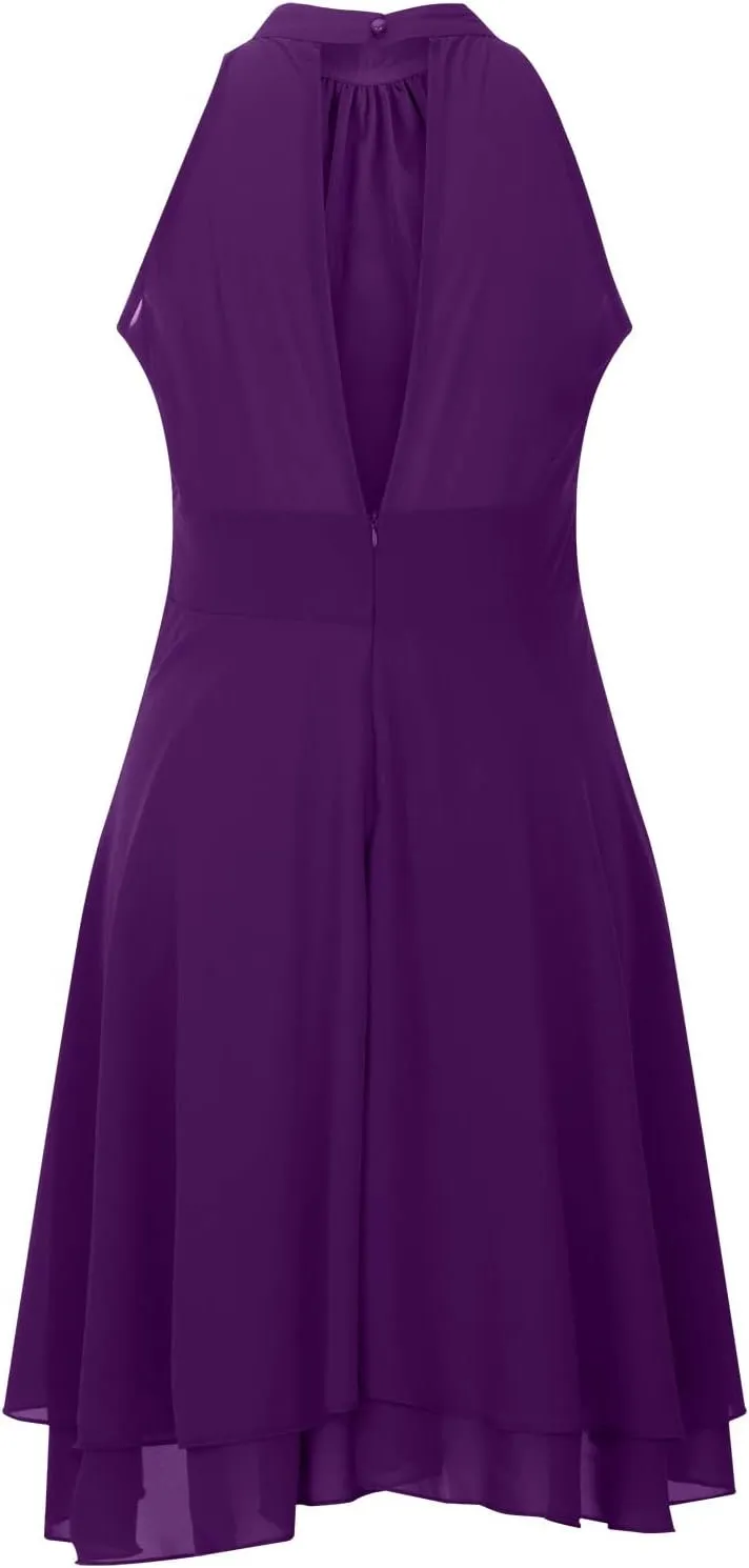 Women's Midi Skirts Elegant Ruffle Sleeveless Chiffon Dresses Irregular Cut A-Line Double Layer Business Guest Dress