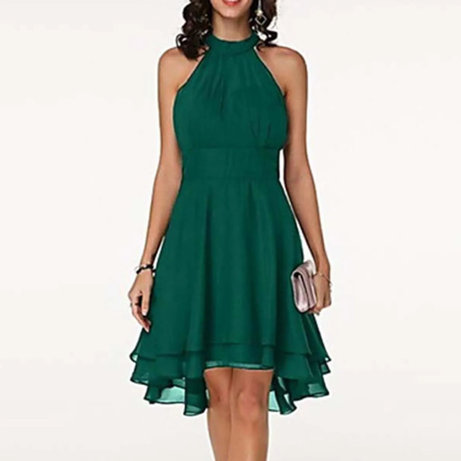 Women's Midi Skirts Elegant Ruffle Sleeveless Chiffon Dresses Irregular Cut A-Line Double Layer Business Guest Dress