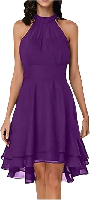 Women's Midi Skirts Elegant Ruffle Sleeveless Chiffon Dresses Irregular Cut A-Line Double Layer Business Guest Dress