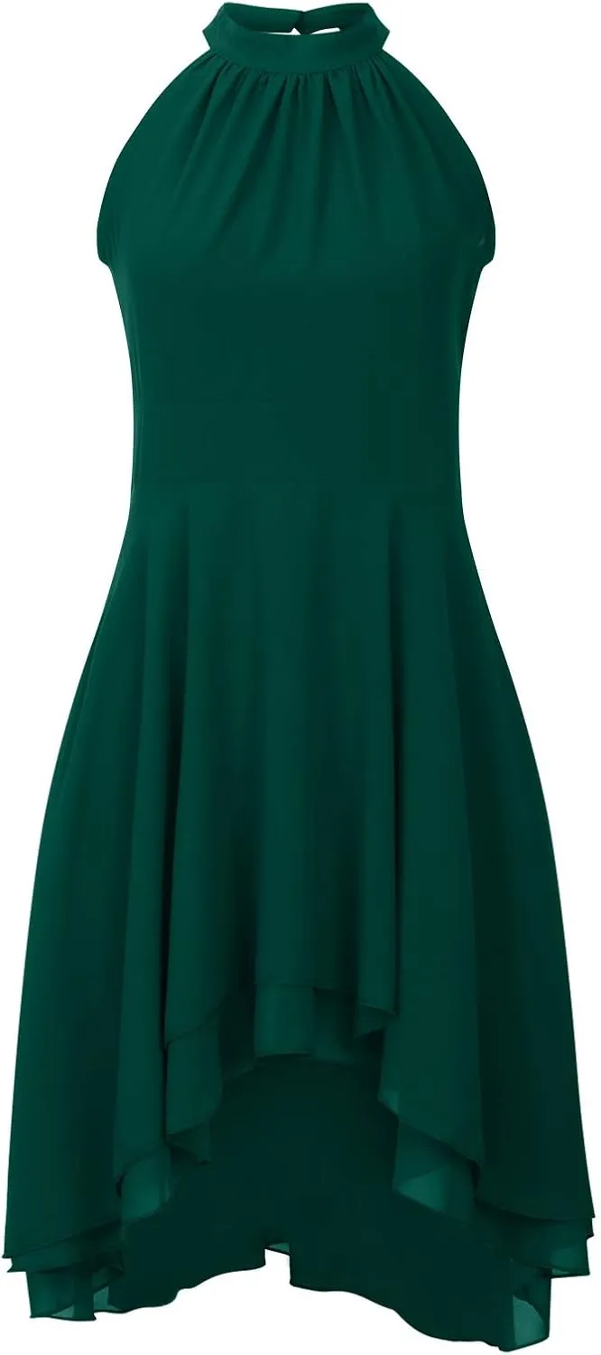 Women's Midi Skirts Elegant Ruffle Sleeveless Chiffon Dresses Irregular Cut A-Line Double Layer Business Guest Dress