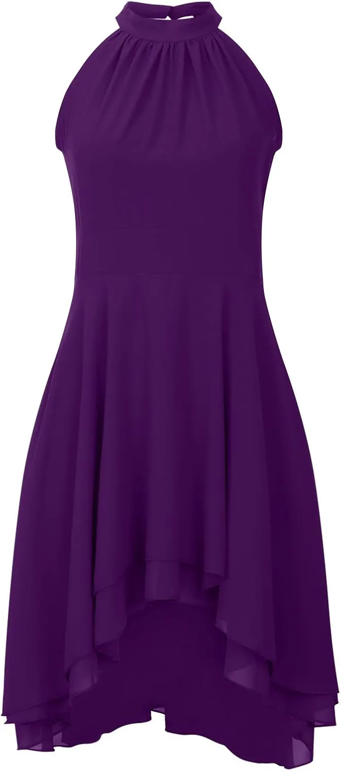 Women's Midi Skirts Elegant Ruffle Sleeveless Chiffon Dresses Irregular Cut A-Line Double Layer Business Guest Dress