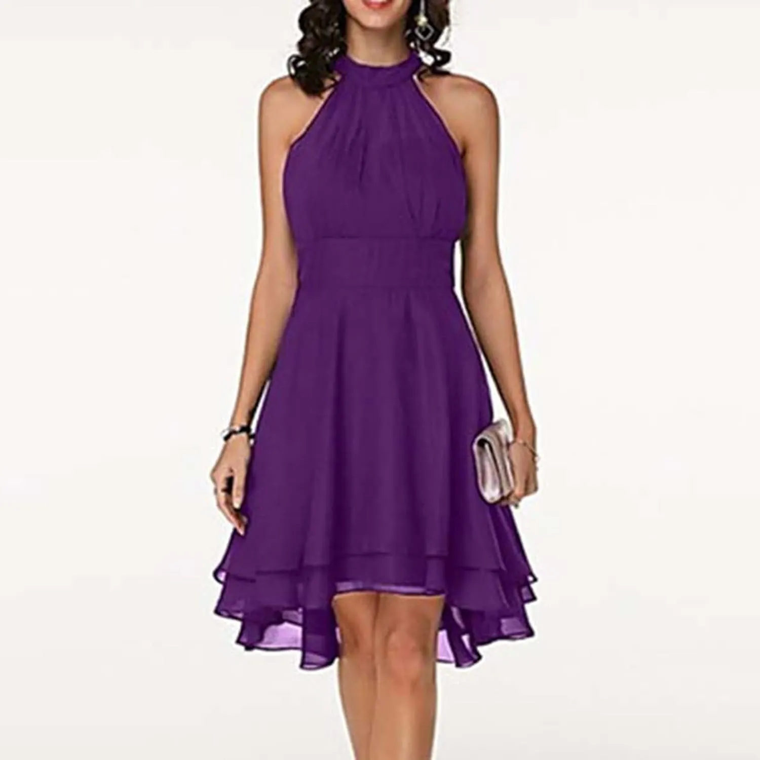 Women's Midi Skirts Elegant Ruffle Sleeveless Chiffon Dresses Irregular Cut A-Line Double Layer Business Guest Dress