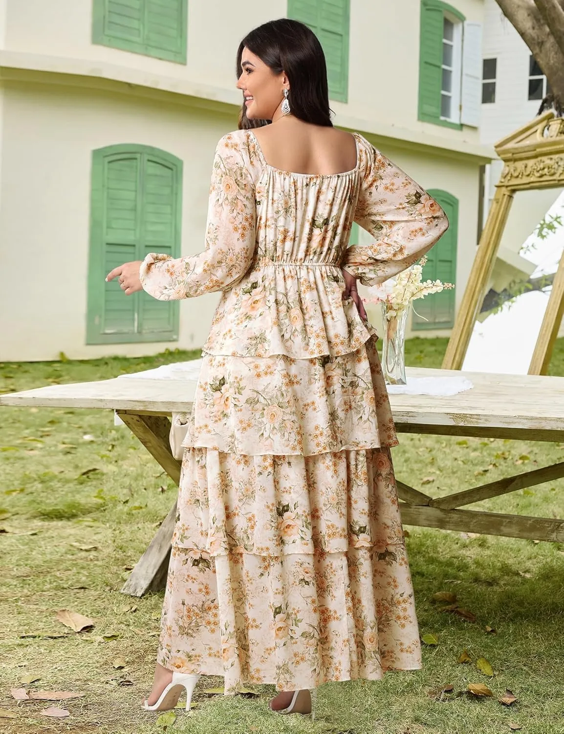 Womens Plus Size Floral Tiered Ruffle Long Sleeve Evening Party Wedding Guest Dress