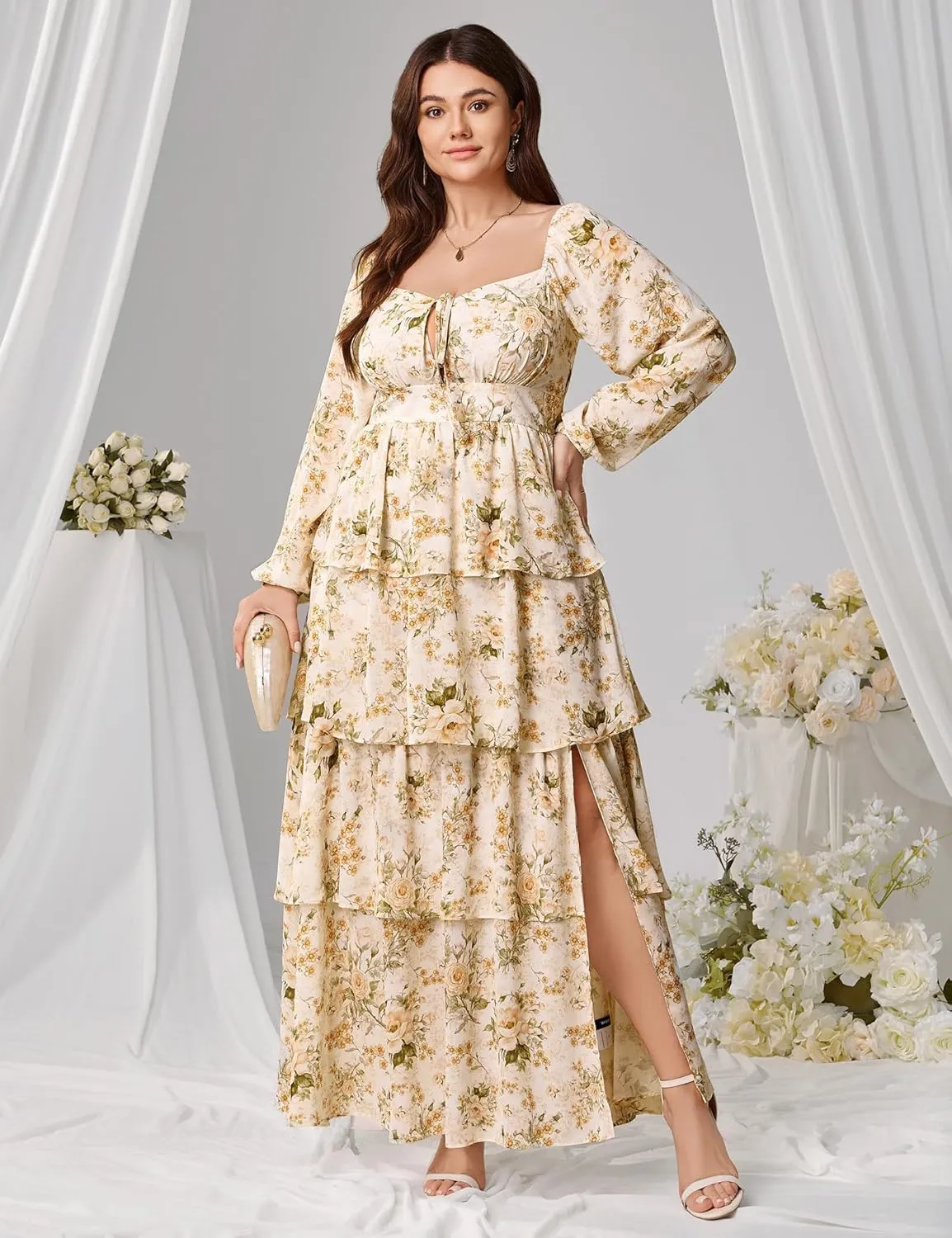 Womens Plus Size Floral Tiered Ruffle Long Sleeve Evening Party Wedding Guest Dress