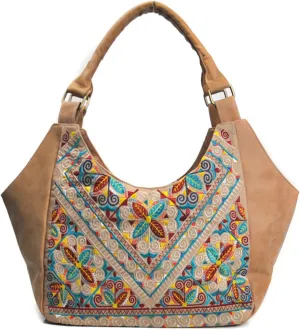 Women's Retro Handbag and Purse PU Leather Flower Embroidery Shoulder Bag Ethnic Top Handle Satchel Bag Large Tote，bag2104OWOISS