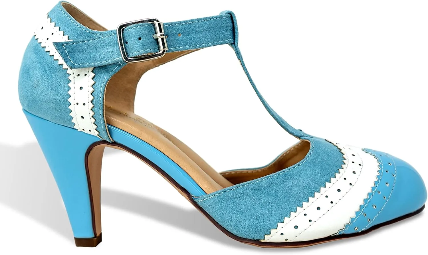 Women's Two Tones Wing Tips Retro Rockability 1950s Vintage T-Strap Pinup Style Pump Flapper