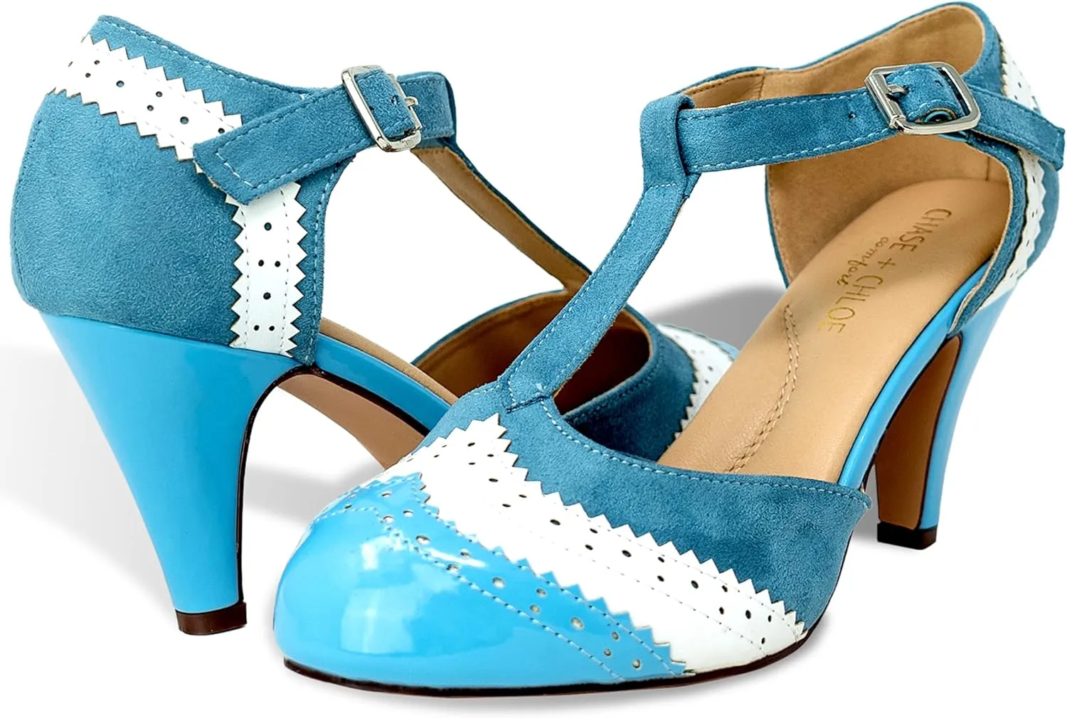 Women's Two Tones Wing Tips Retro Rockability 1950s Vintage T-Strap Pinup Style Pump Flapper