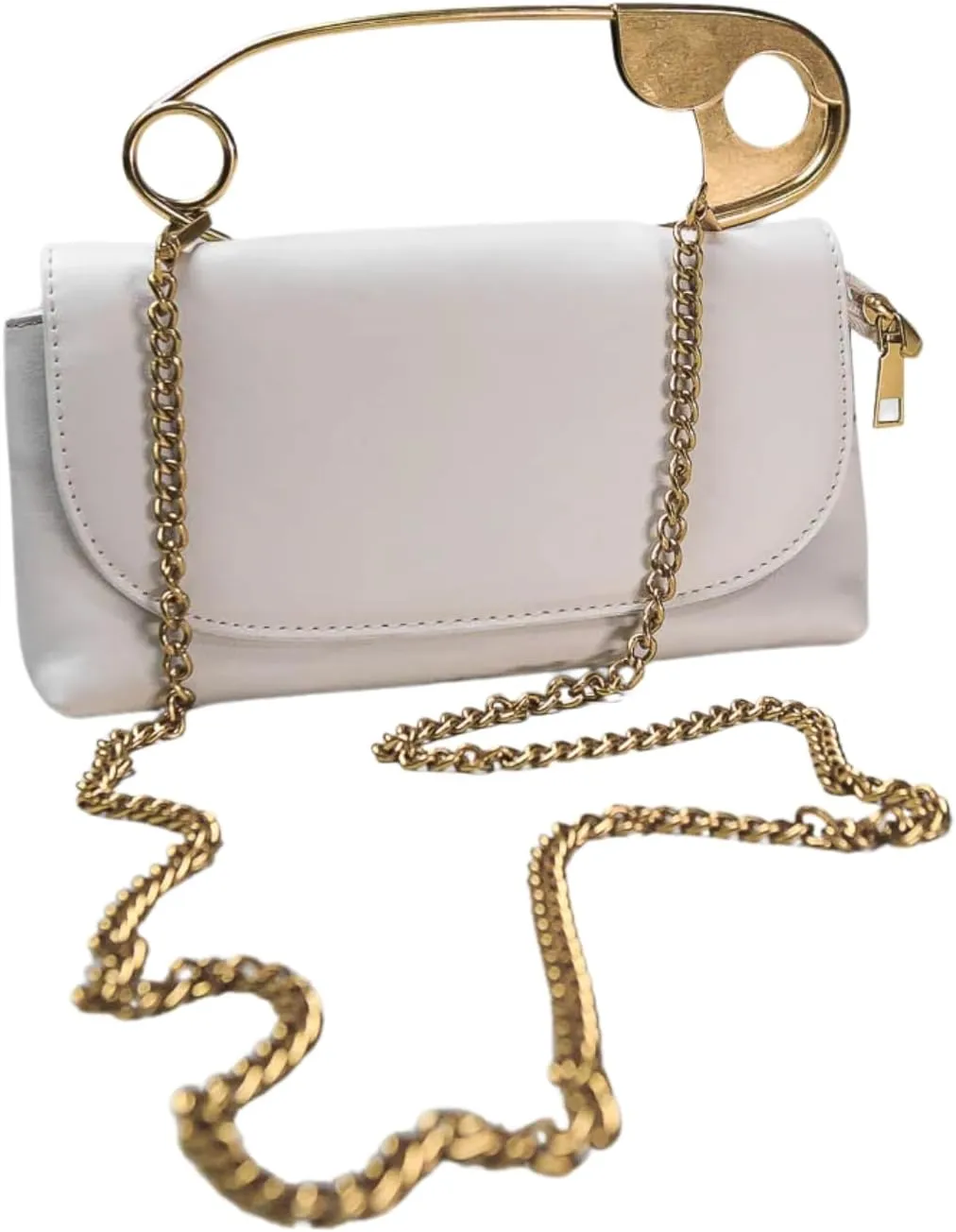 Women's Vegan Leather Handbag with Safety-Pin Design, Gold Hardware & Detachable Crossbody Strap – Compact & Elegant Zippered Closure Purse for Day to Night Use
