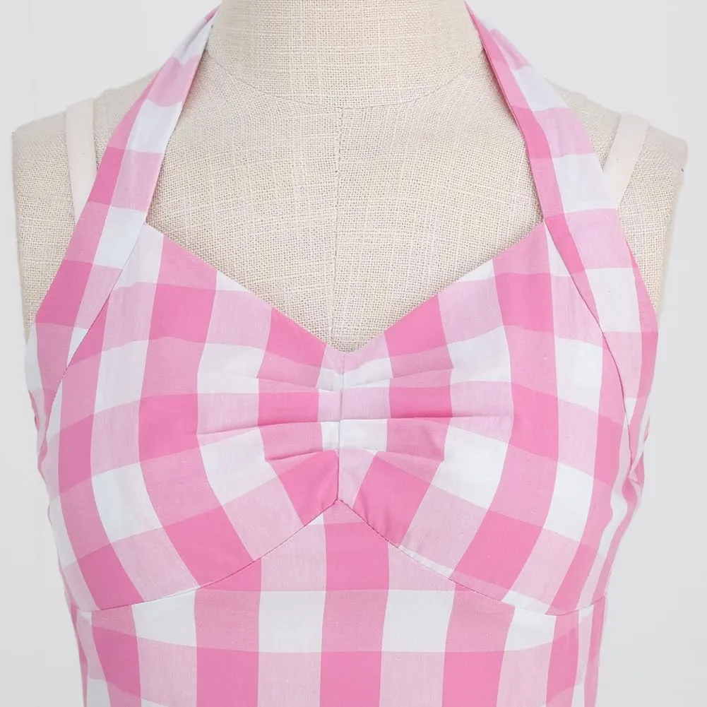 Women's Vintage Plaid Dress Spaghetti Strap Gingham A-line Swing Cocktail Party Dresses
