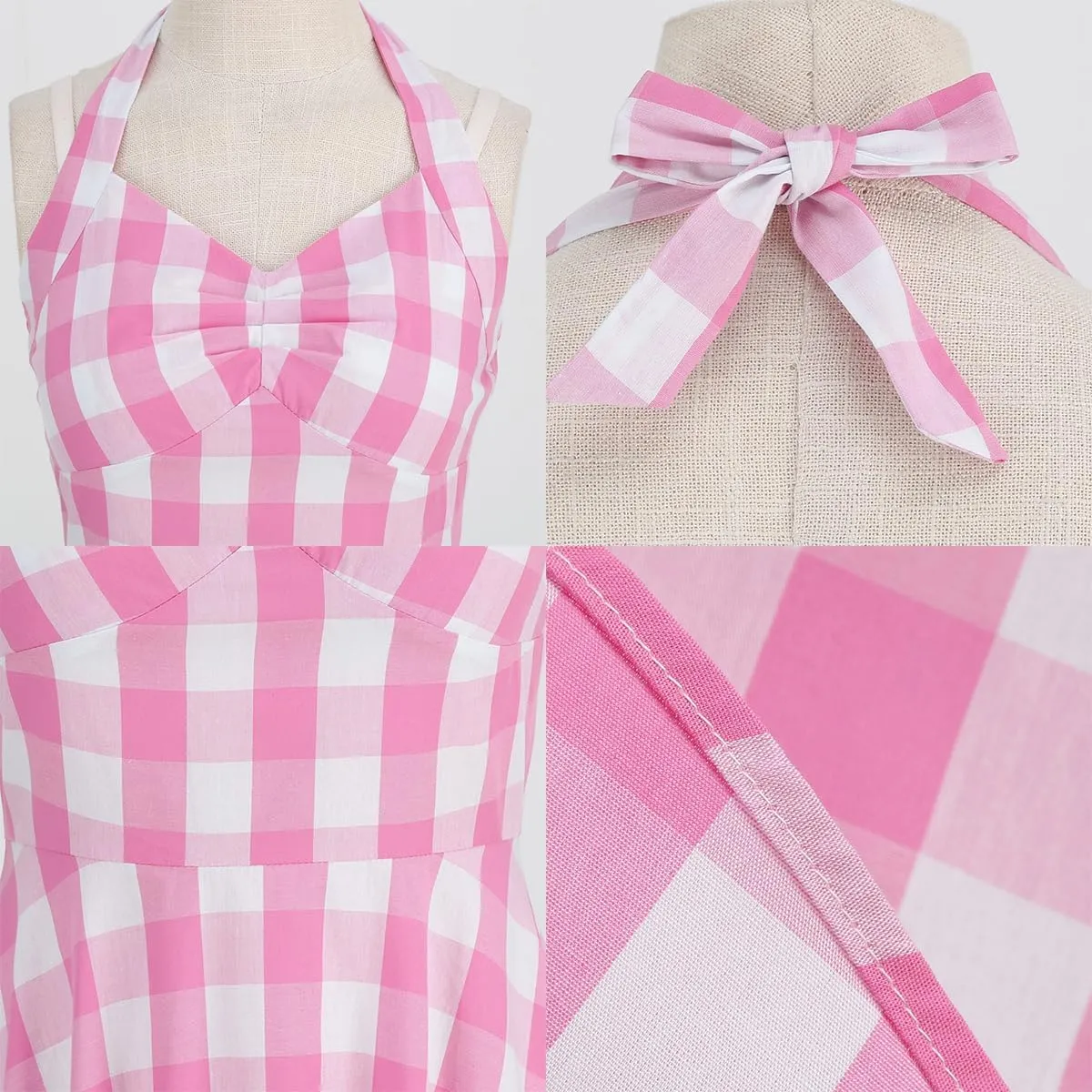 Women's Vintage Plaid Dress Spaghetti Strap Gingham A-line Swing Cocktail Party Dresses