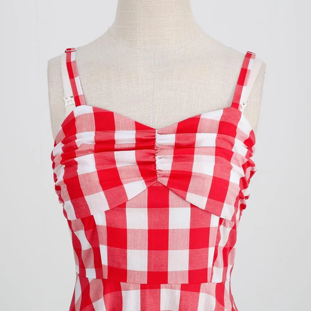 Women's Vintage Plaid Dress Spaghetti Strap Gingham A-line Swing Cocktail Party Dresses