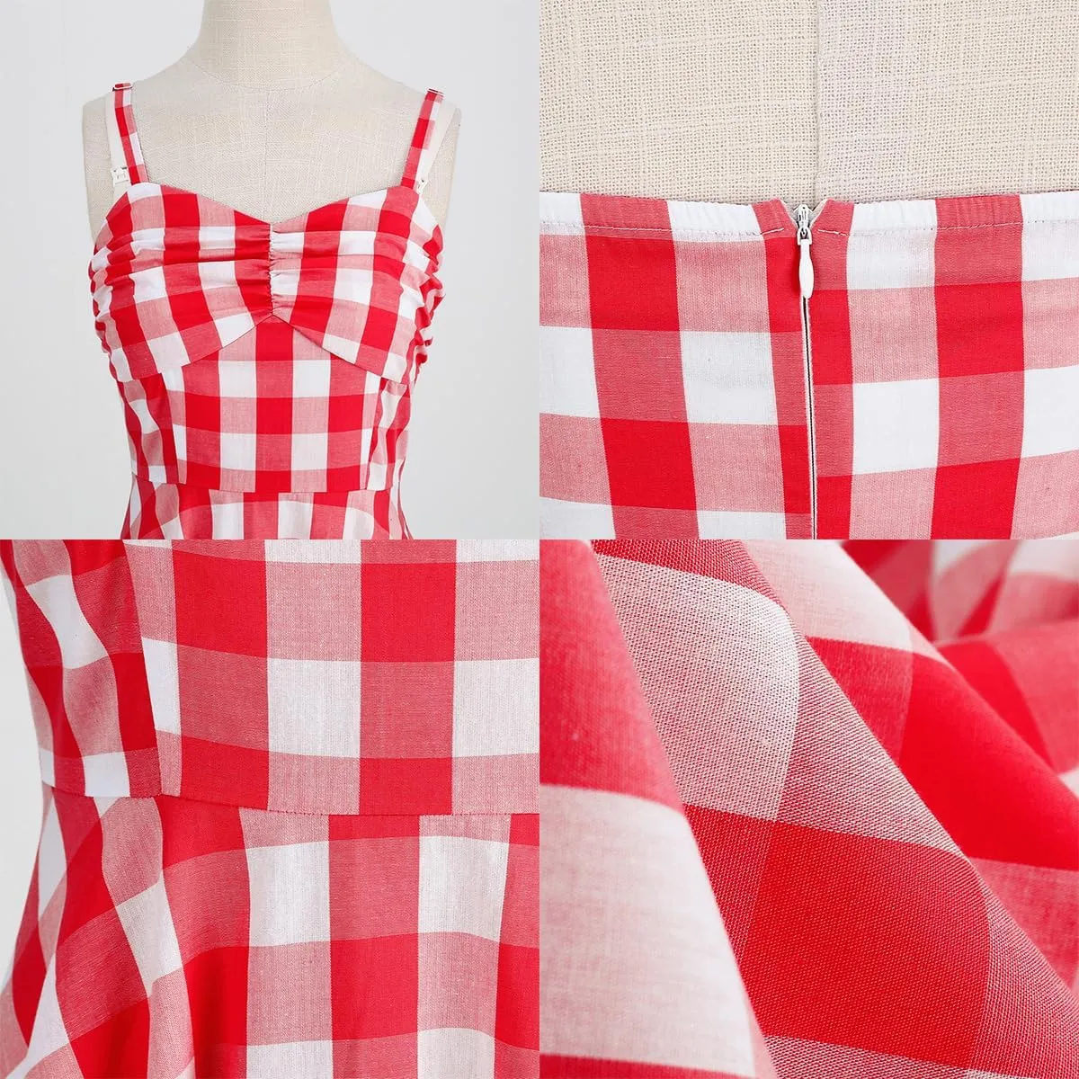 Women's Vintage Plaid Dress Spaghetti Strap Gingham A-line Swing Cocktail Party Dresses