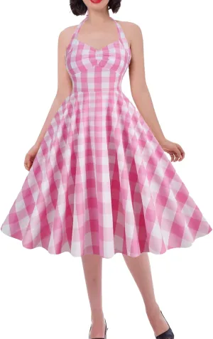 Women's Vintage Plaid Dress Spaghetti Strap Gingham A-line Swing Cocktail Party Dresses