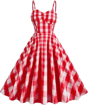 Women's Vintage Plaid Dress Spaghetti Strap Gingham A-line Swing Cocktail Party Dresses