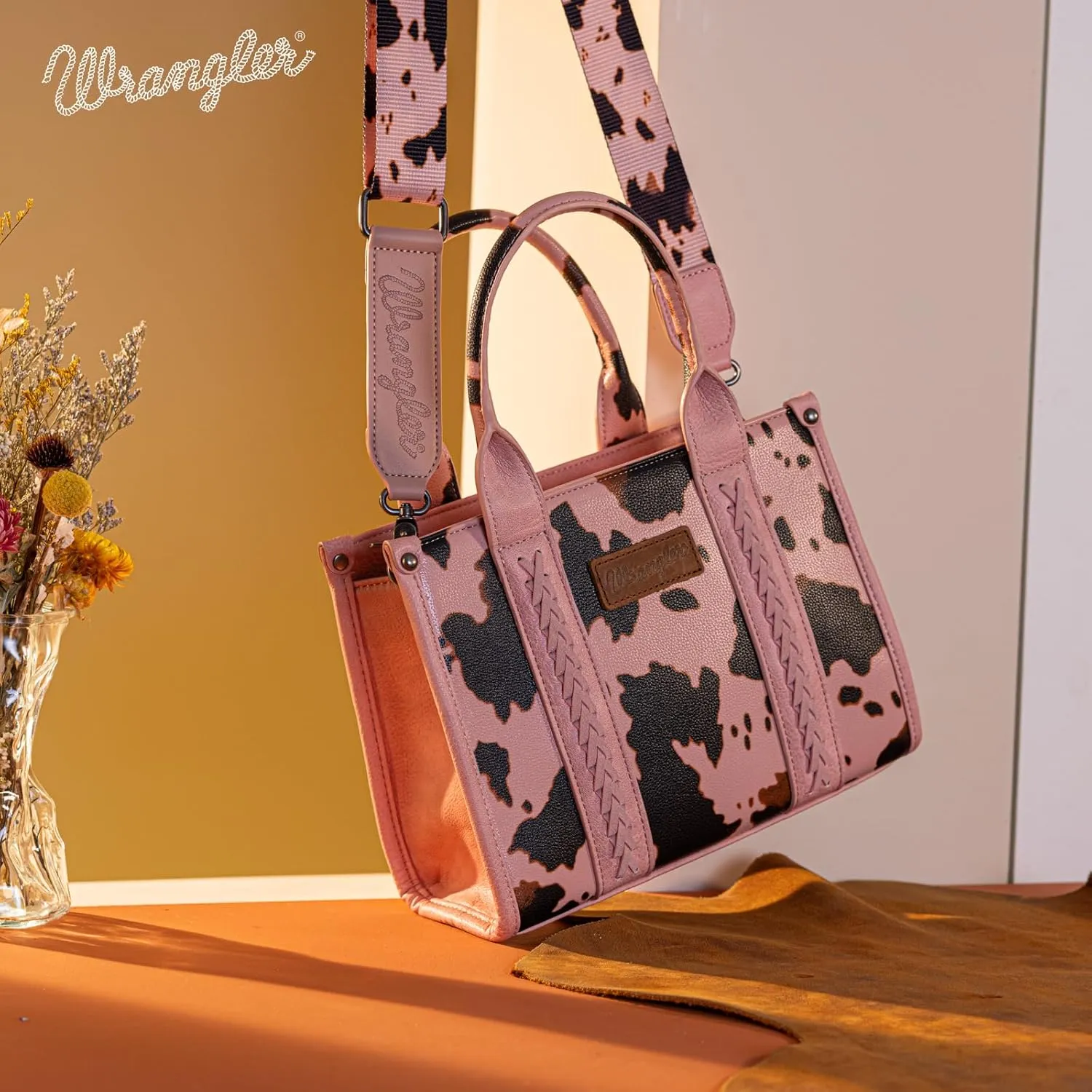 Wrangler Cow Print Tote Bag for Women Western Purse Boho Top Handle Satchel Handbag with Signature Strap