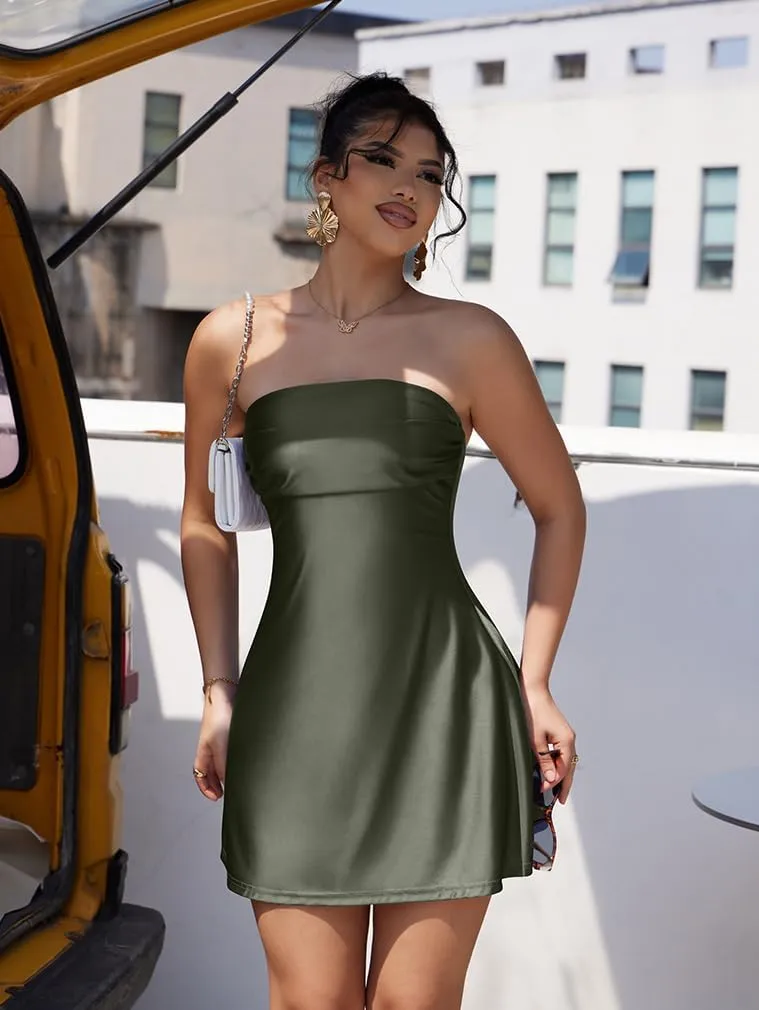XXTAXN Women's Sexy Tube Strapless Ruched A Line Wedding Guest Cocktail Satin Mini Dress