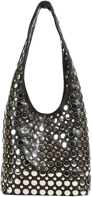 Y2k 90s Crescent Hobo Bags Women Trendy Studded PU Leather Shoulder Crossbody Purse Punk Underarm Satchels Tote Handbag