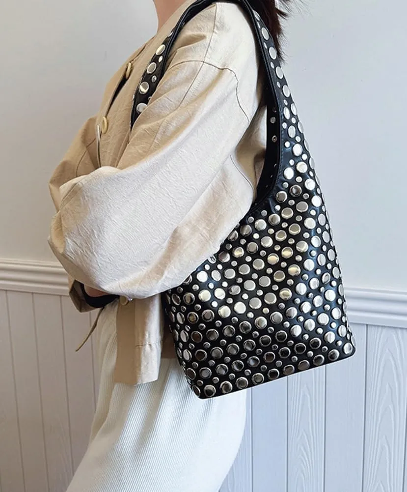 Y2k 90s Crescent Hobo Bags Women Trendy Studded PU Leather Shoulder Crossbody Purse Punk Underarm Satchels Tote Handbag