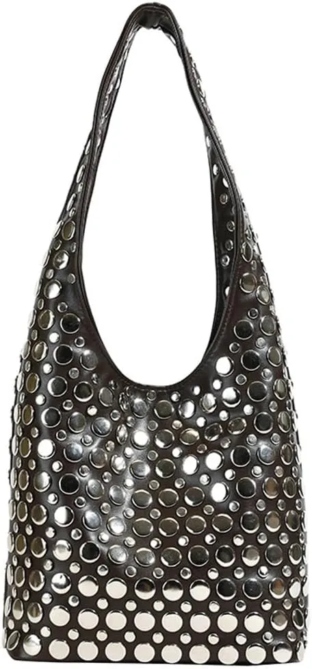 Y2k 90s Crescent Hobo Bags Women Trendy Studded PU Leather Shoulder Crossbody Purse Punk Underarm Satchels Tote Handbag