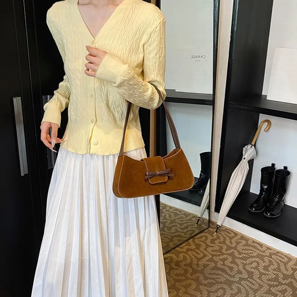 YFGBCX Suede Handbag for Women Suede Hobo Bag Y2k Shoulder Bag for Women Brown Bow Purse