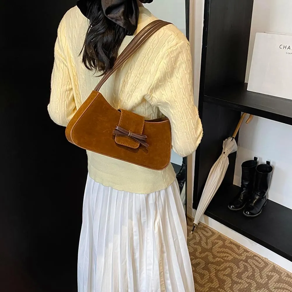 YFGBCX Suede Handbag for Women Suede Hobo Bag Y2k Shoulder Bag for Women Brown Bow Purse