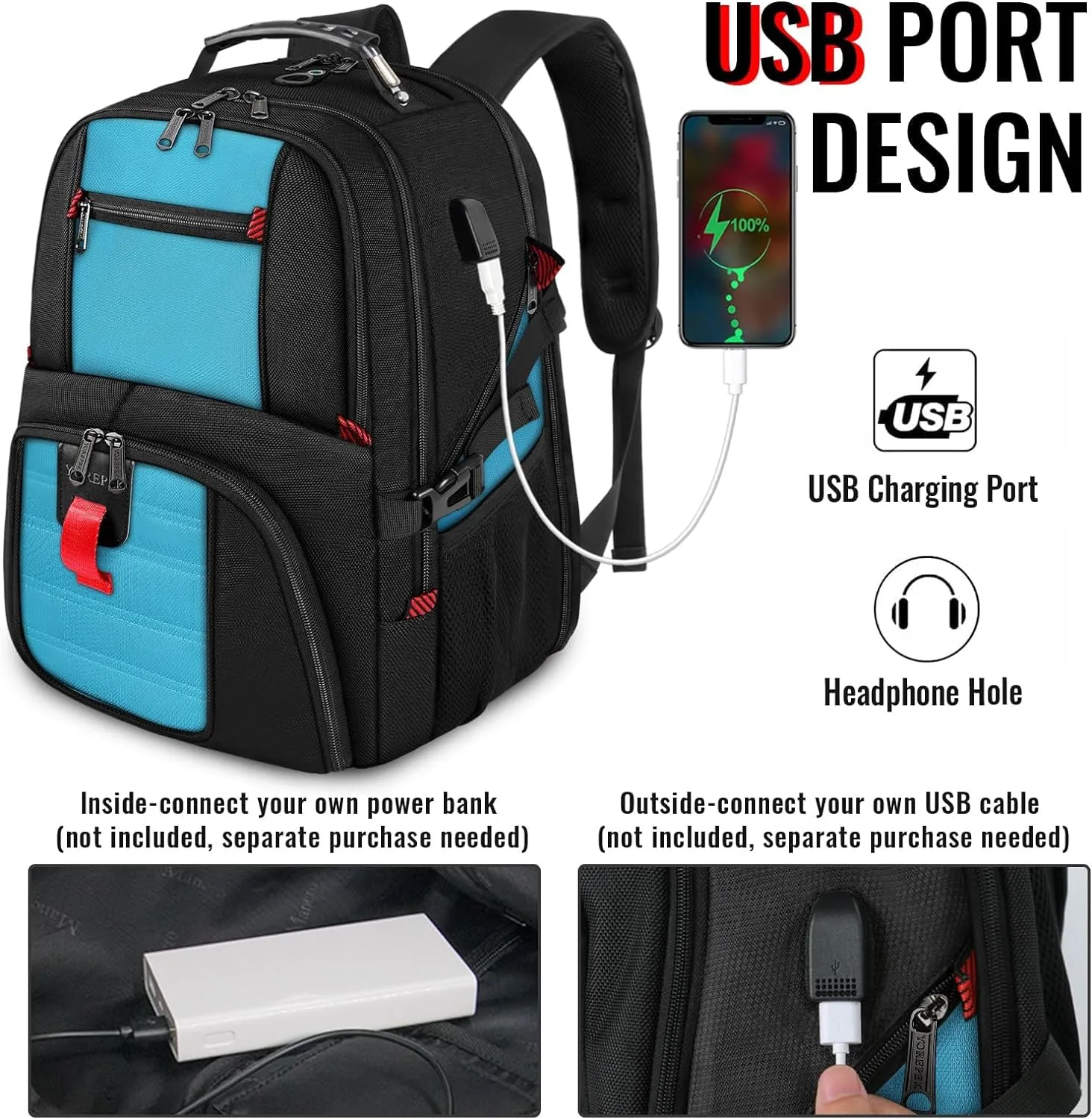 YOREPEK Travel Backpack, Extra Large 50L Laptop Backpacks for Men Women, Water Resistant College Student Bookbag Airline Approved Business Work Bag with USB Charging Port Fits 17 Inch Computer, Blue