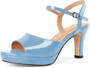 Zamikoo Womens Platform Heels Chunky High Heeled Sandals Open Round Toe Slingback Heels Ankle Strap Wedding Fashion Shoes 3.5 Inch